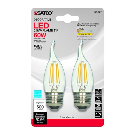 Satco Satco CA10 (Flame Tip) E26 (Medium) LED Bulb Warm White 60 Watt Equivalence 2 pk S21727